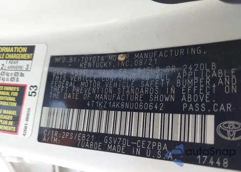 2022 Toyota Camry Trd/Xse из США, поврежденный, VIN 4T1KZ1AK8NU060642